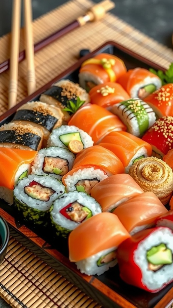 A vibrant sushi platter featuring assorted rolls and garnishes, arranged artistically on a bamboo mat.